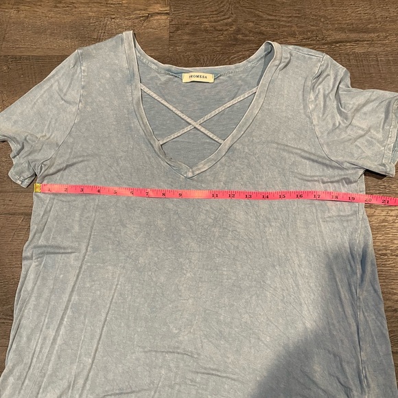 Blue Acid Wash Criss Cross V Neck T Shirt Blouse - Picture 5 of 9